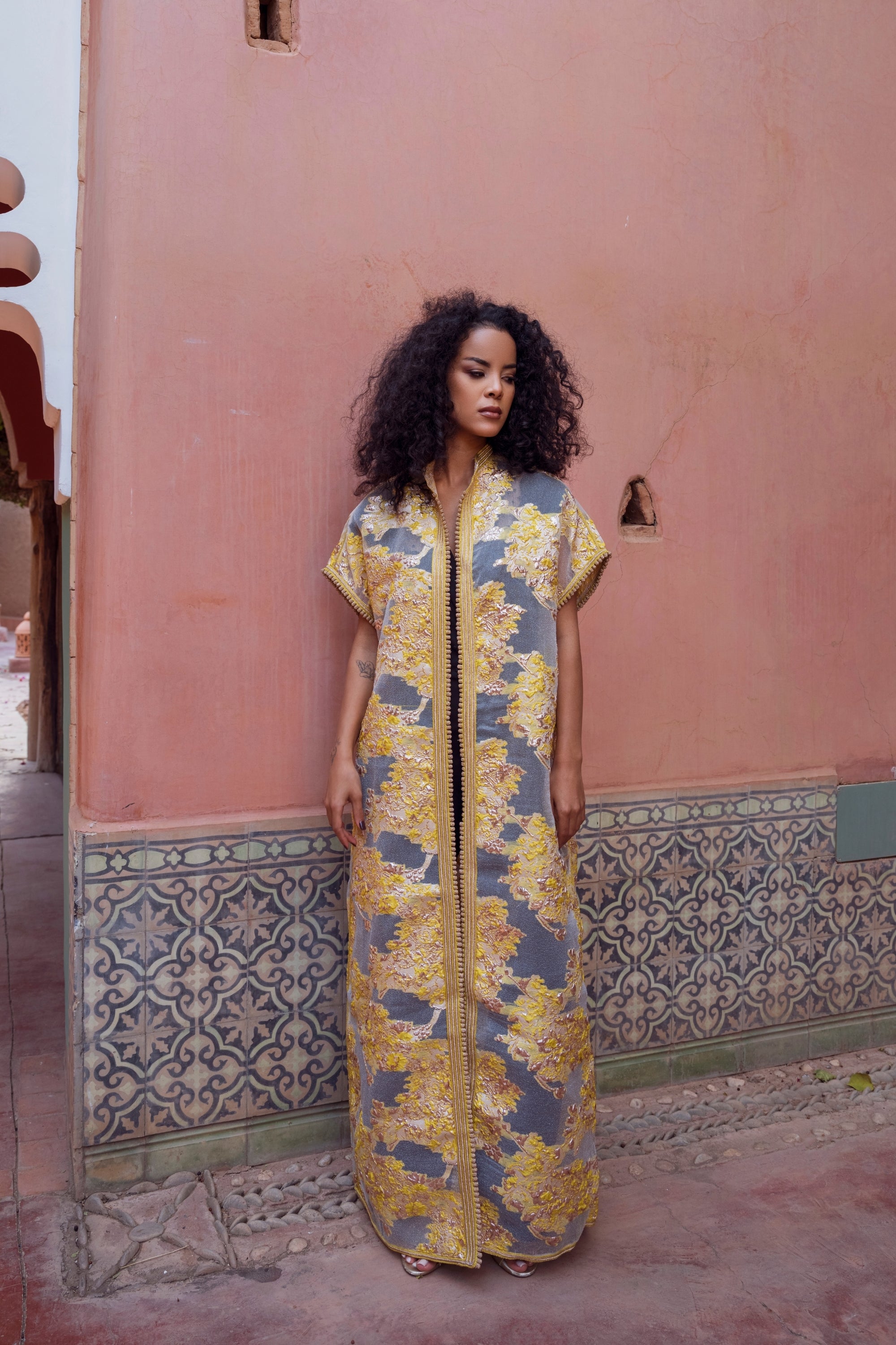 Gold & Blush Brocade Open Caftan