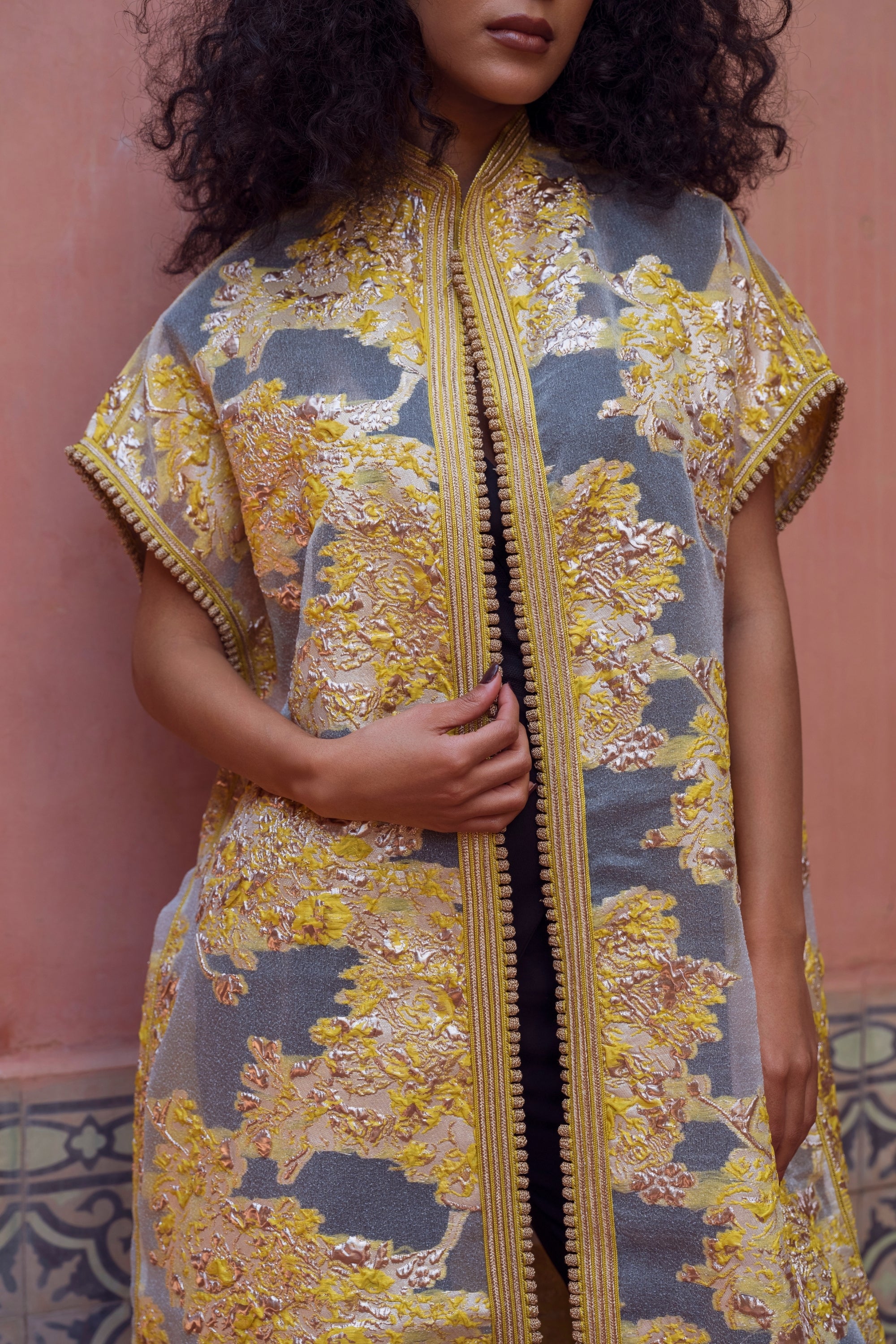 Gold & Blush Brocade Open Caftan