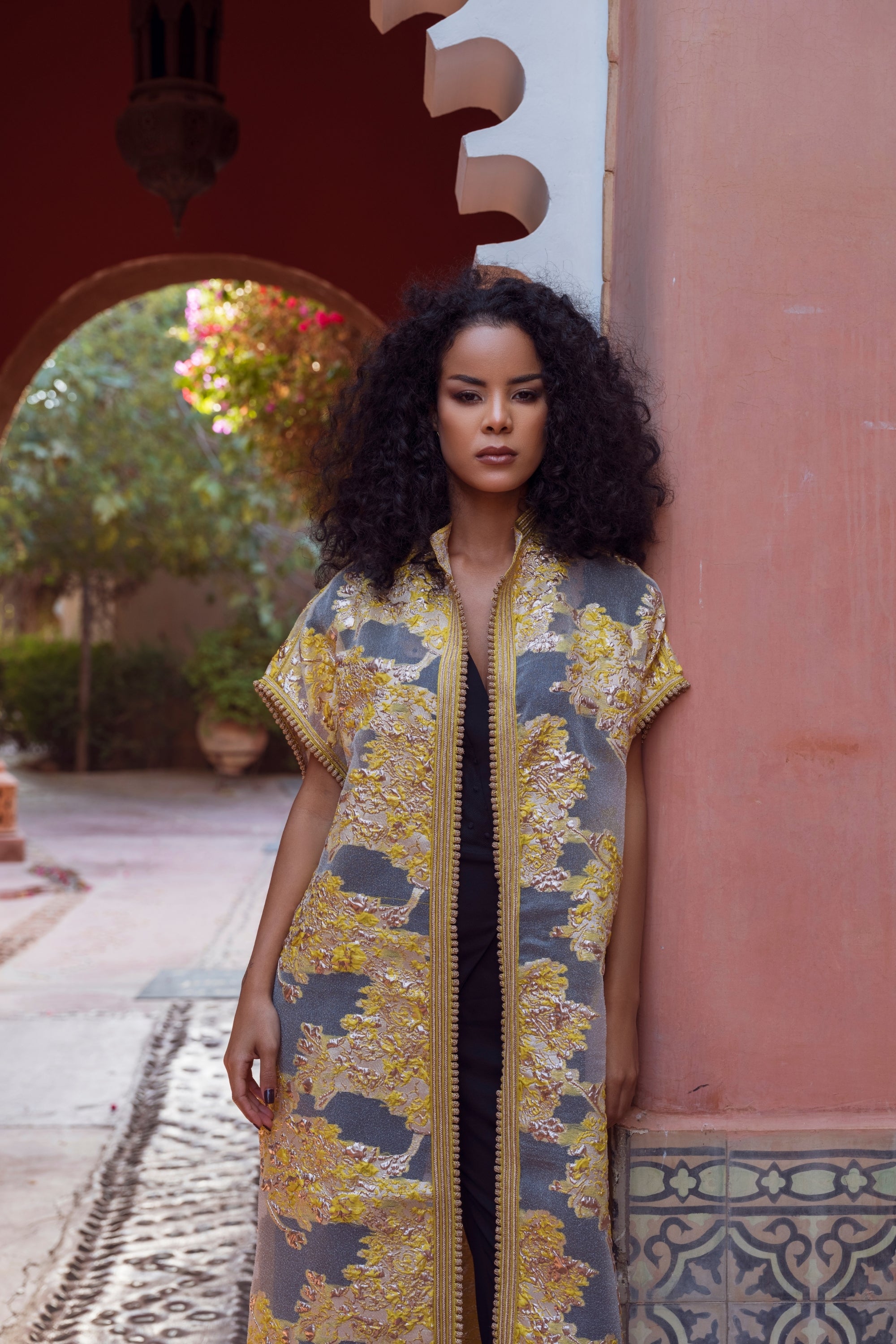 Gold & Blush Brocade Open Caftan